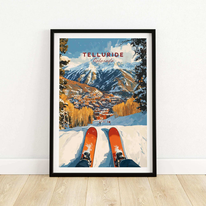 Telluride Ski Poster featuring scenic mountain view with skis in foreground, perfect for ski enthusiasts and art collectors.