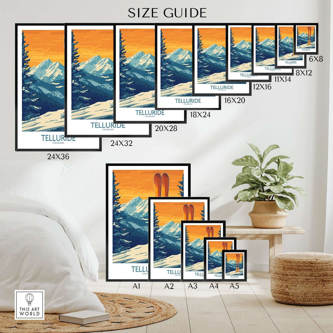 Telluride ski print size guide showcasing various frame sizes and mountain artwork in a stylish interior setting.