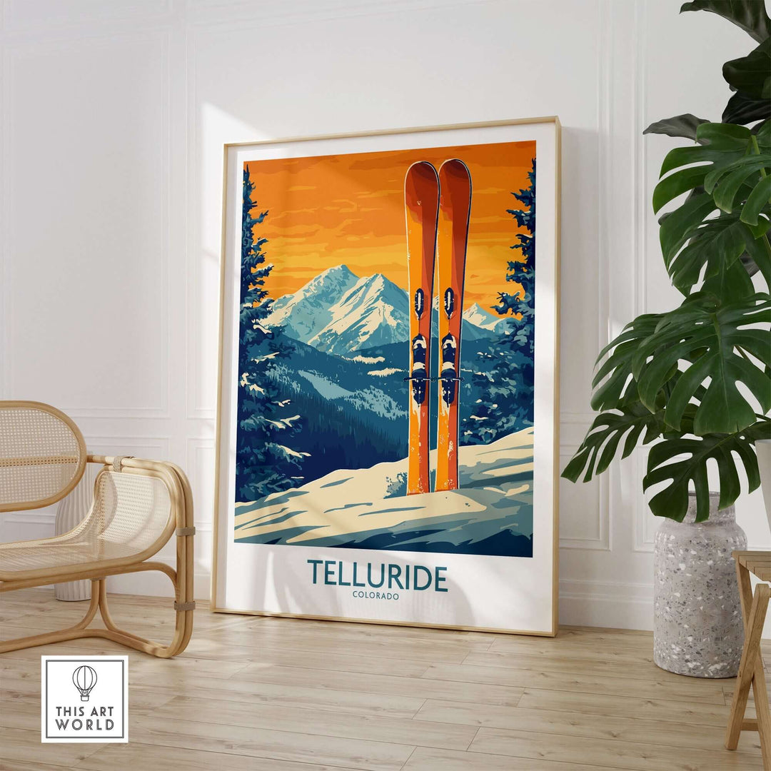 Telluride ski print showcasing vibrant mountains and skis, perfect wall art for ski lovers in Colorado.