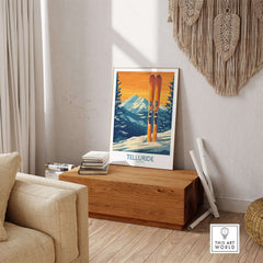 Telluride ski print featuring skis and mountain backdrop, ideal for home or office decor.