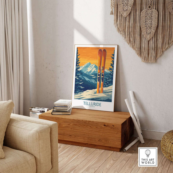 Telluride ski print featuring skis and mountain backdrop, ideal for home or office decor.