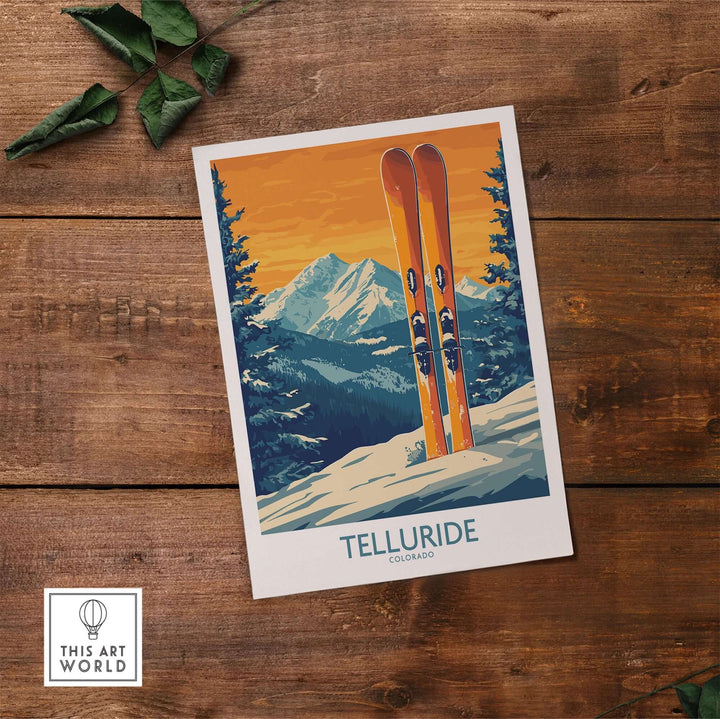 Telluride ski print featuring vibrant orange skis against a mountain backdrop, perfect for ski enthusiasts and home decor.