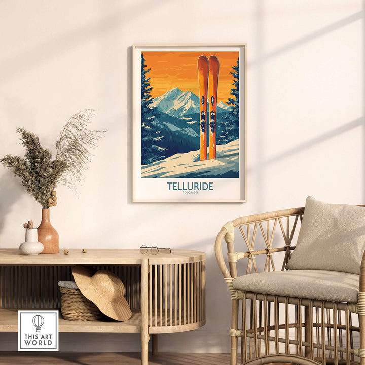 Telluride Ski Print featuring vibrant colors and skis, displayed in a modern home setting with natural decor.