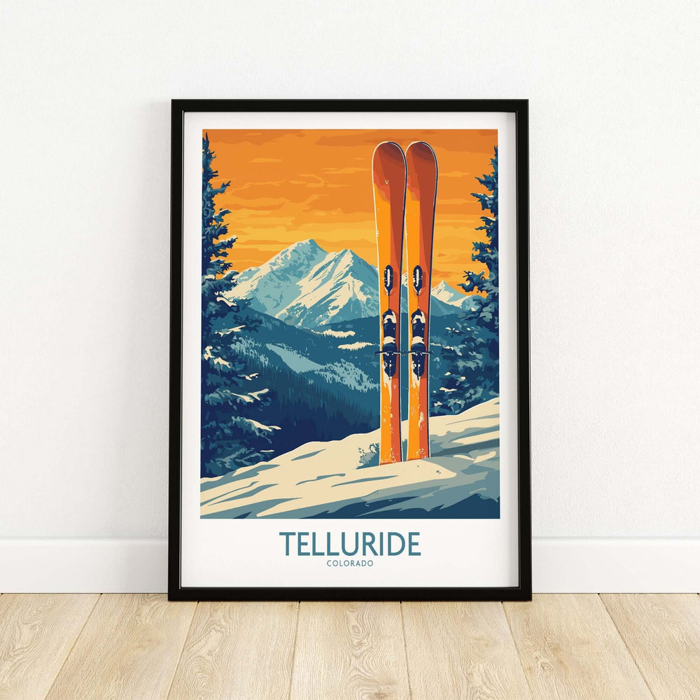 Telluride Ski Print featuring vibrant skis against mountain backdrop, showcasing Colorado's stunning ski landscape.