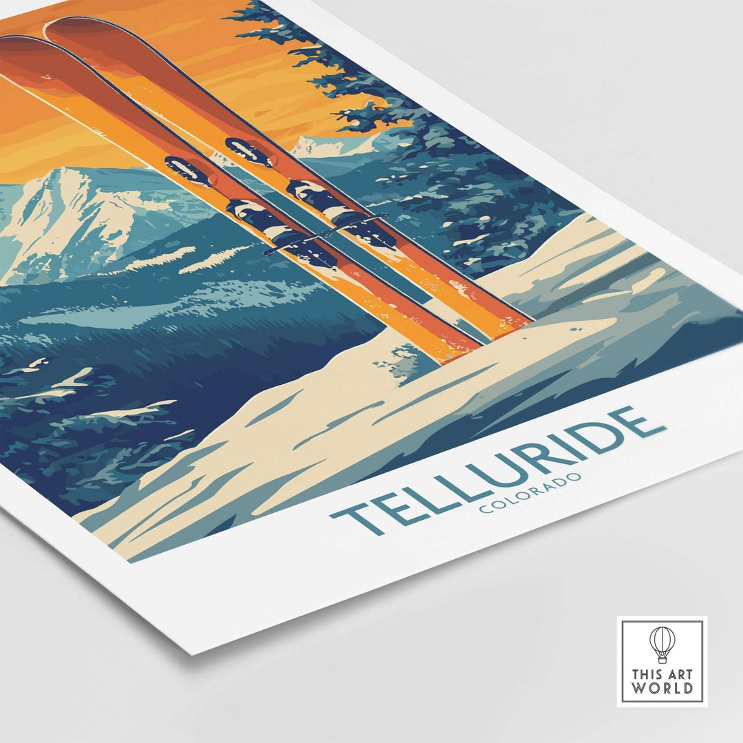 Telluride ski print featuring vibrant skis against a scenic mountain backdrop, showcasing Colorado's winter beauty.