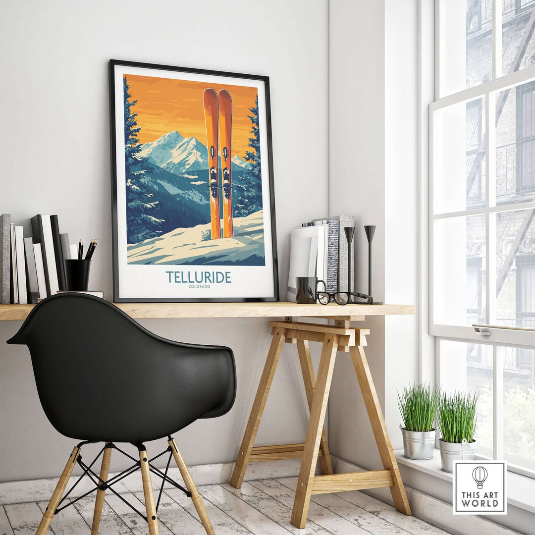 Telluride ski print displayed in a modern office setting, capturing the beauty of Colorado's ski slopes.