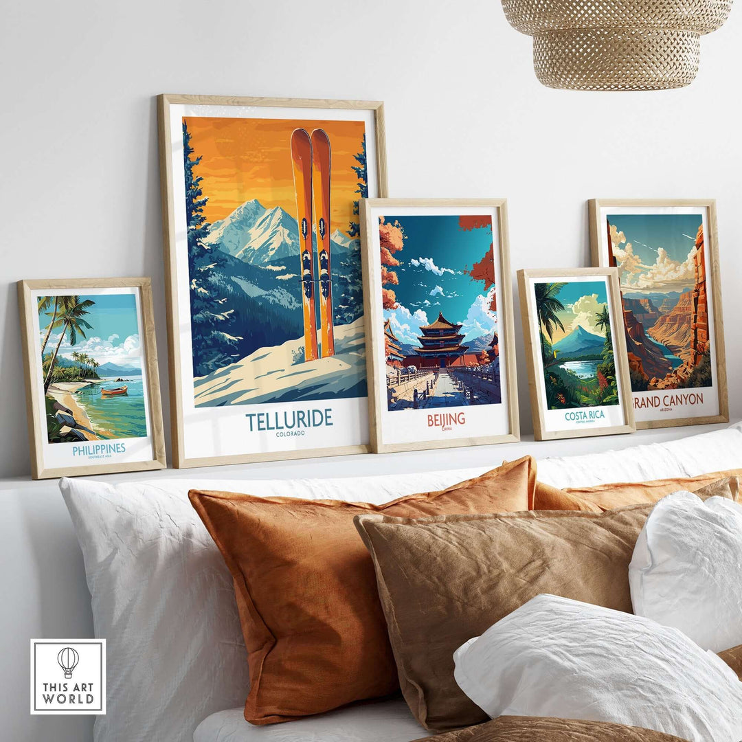 Telluride ski print and travel art framed in a stylish living room setting showcasing global destinations.