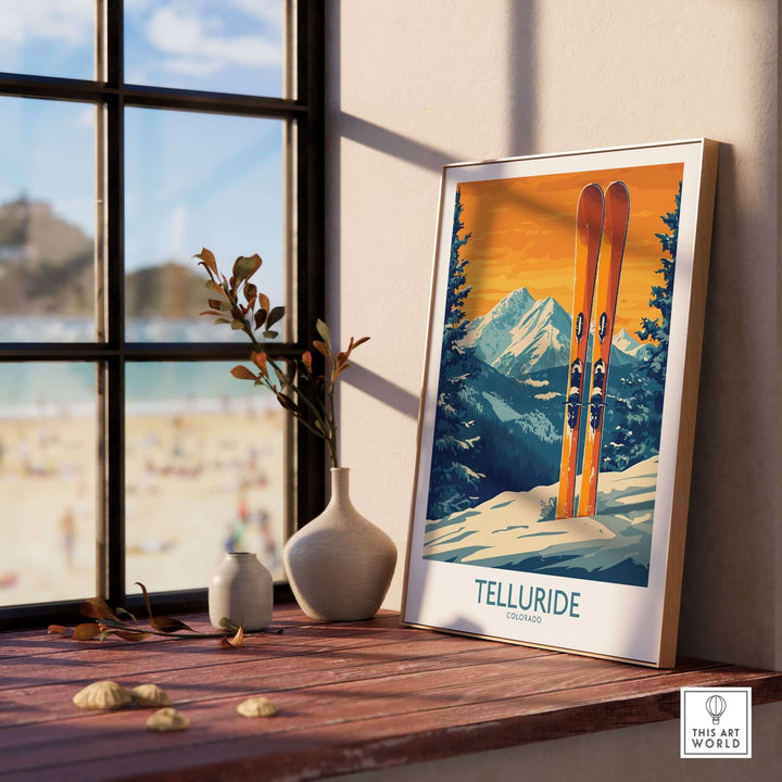 Telluride Ski Print showcasing vibrant colors and skis, perfect for home or office decor celebrating Colorado's ski culture.