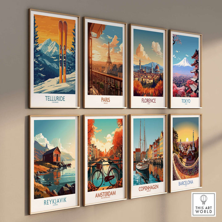 Colorful travel prints featuring iconic landmarks including Telluride, Paris, Florence, Tokyo, Reykjavik, Amsterdam, Copenhagen, and Barcelona.