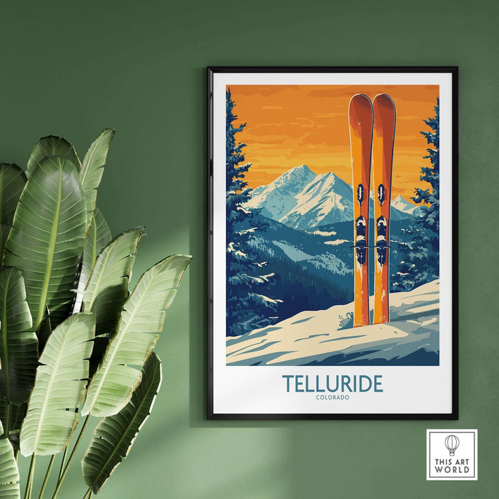 Telluride Ski Print featuring orange skis against a mountain backdrop, perfect for ski lovers and home decor.