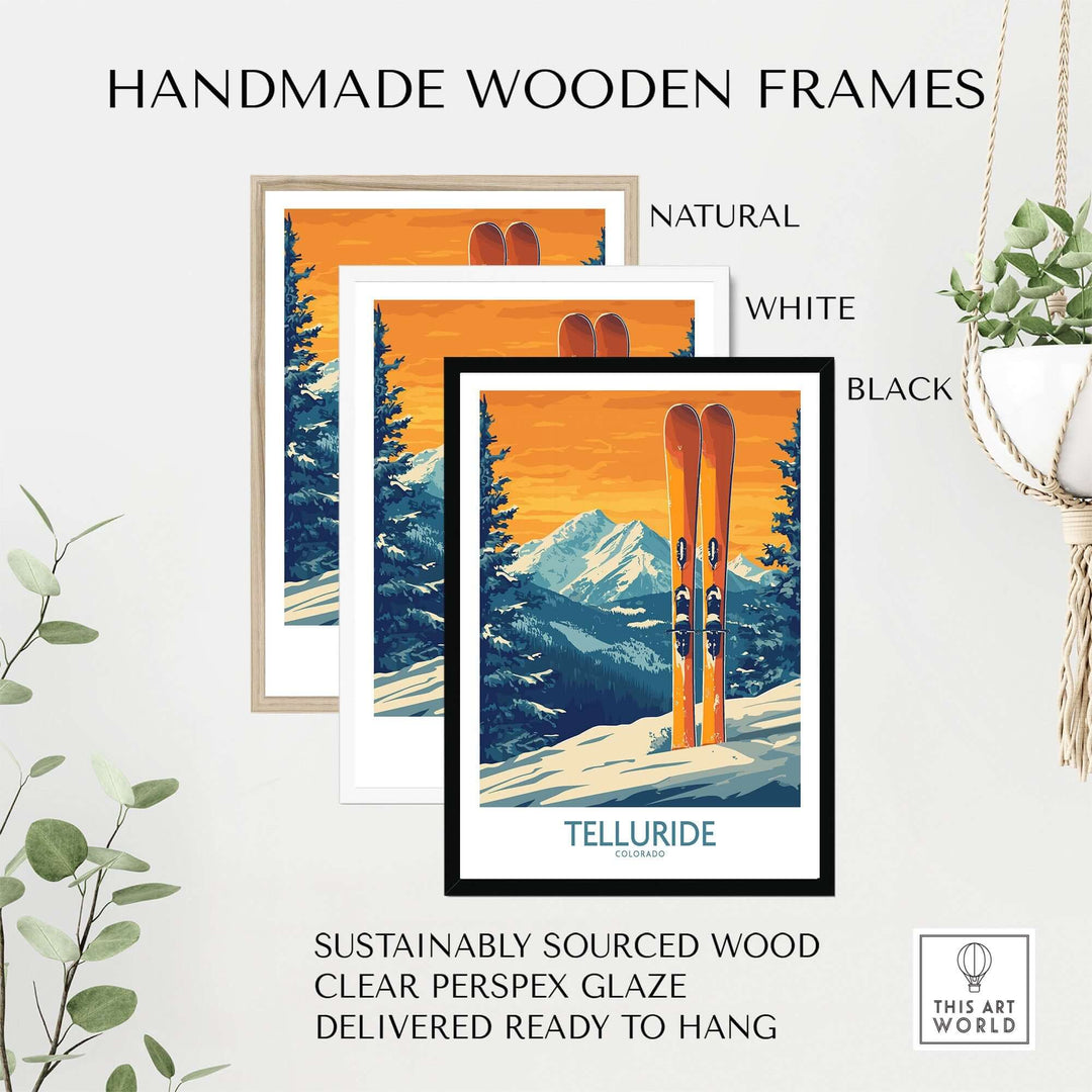 Handmade wooden frames in natural, white, and black surrounding a Telluride ski print on display.