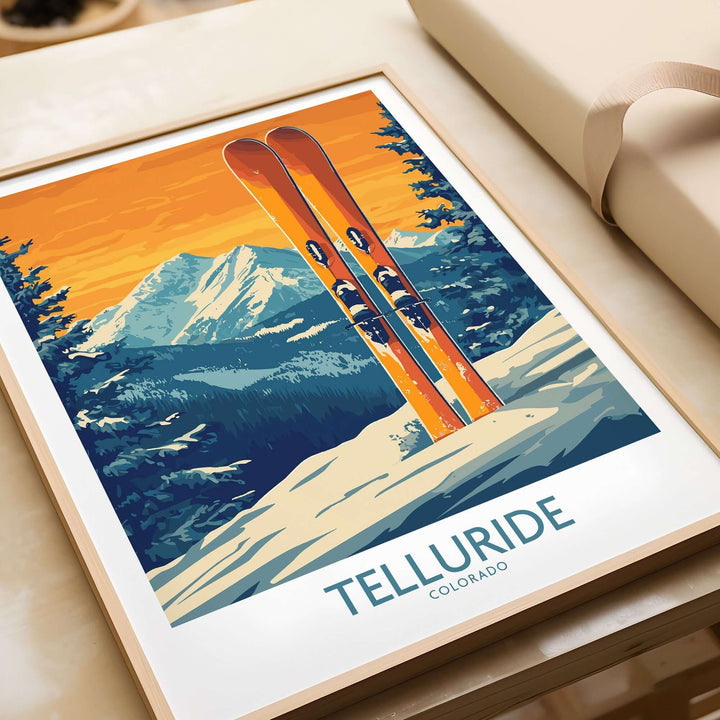 Telluride Ski Print featuring orange skis against a stunning Colorado mountain backdrop, perfect for ski wall art.