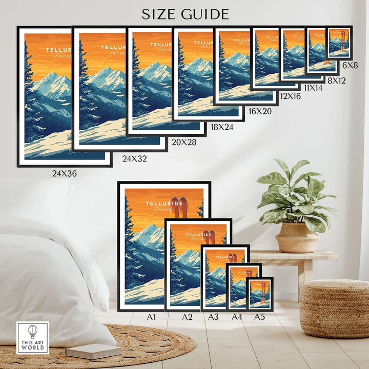 Size guide for Telluride travel poster prints, showcasing various frame sizes in a home setting.