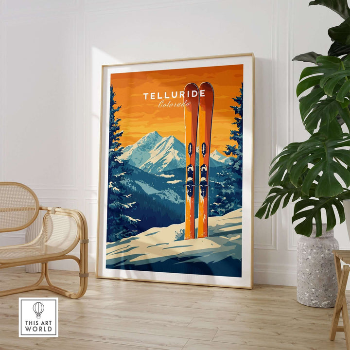 Telluride travel poster showcasing vibrant ski design and mountains, perfect for home decor. Colorado skiing artwork.