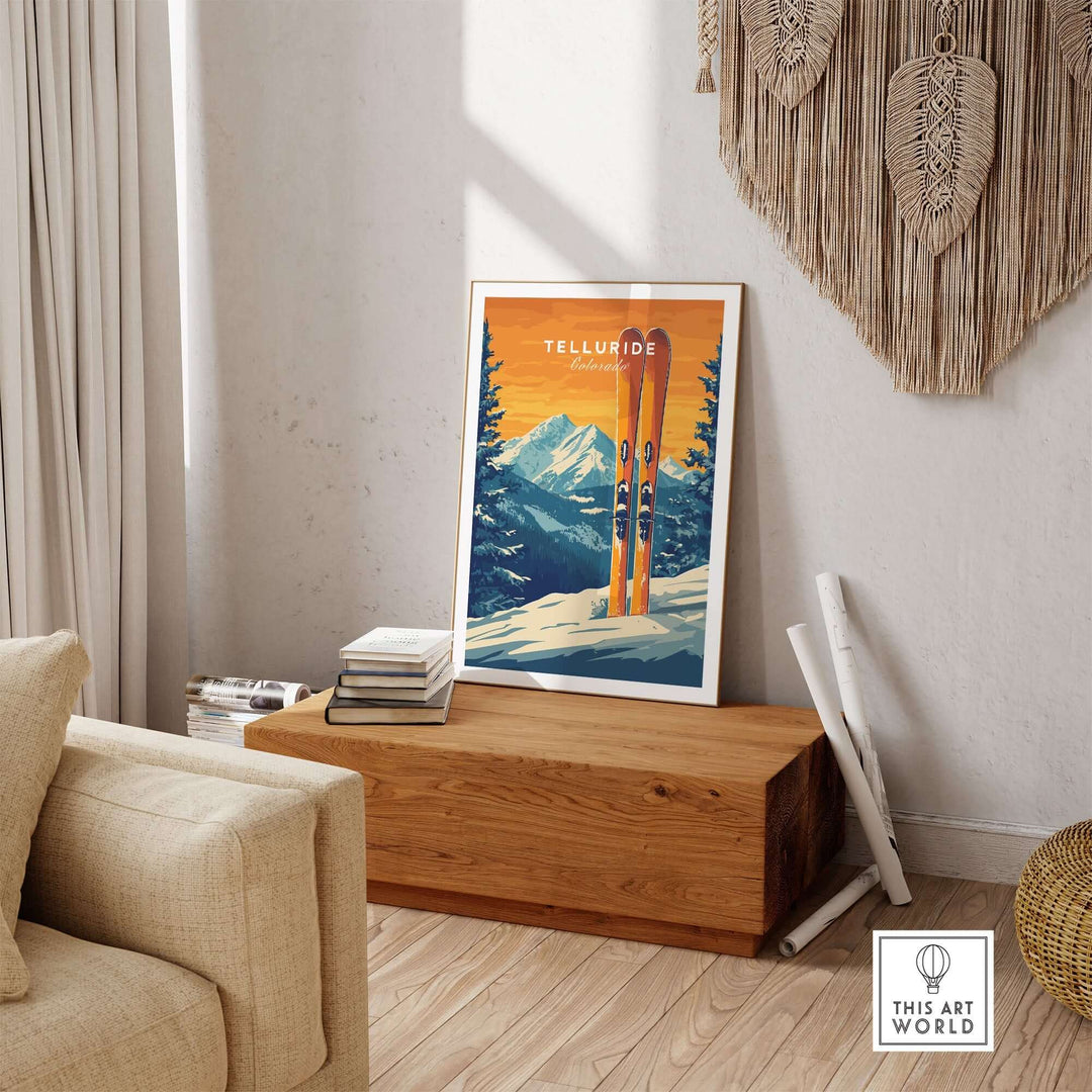 Telluride travel poster in a cozy living room, showcasing a vibrant ski print and mountain scenery. Perfect for home decor.