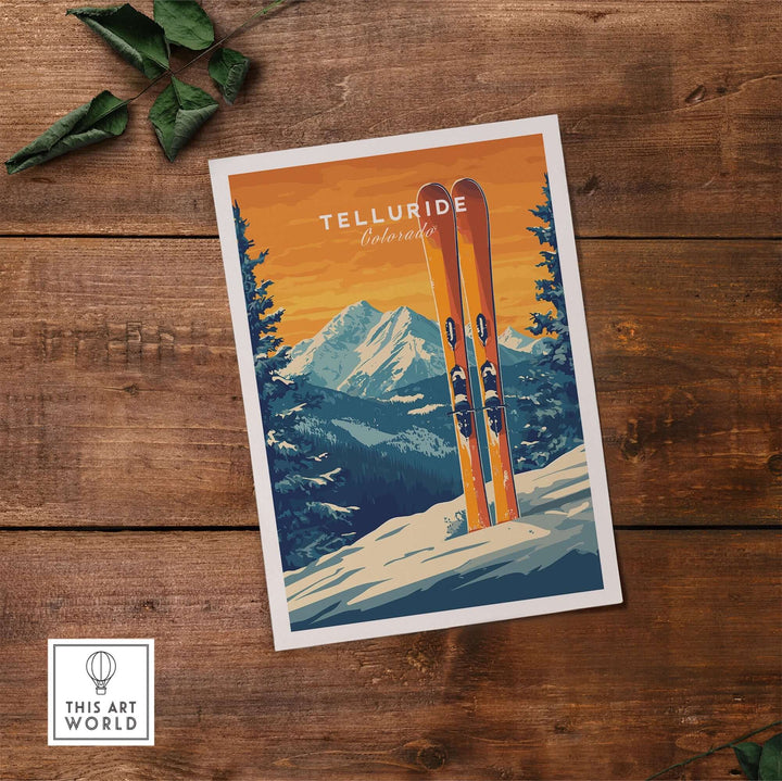 Telluride travel poster featuring vibrant skis and mountain landscape, capturing the essence of Colorado's stunning beauty.