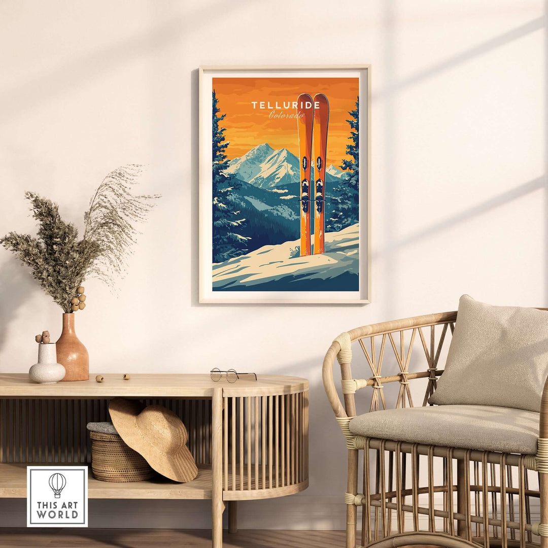 Vintage Telluride travel poster featuring vibrant ski design and mountain backdrop in cozy home setting.