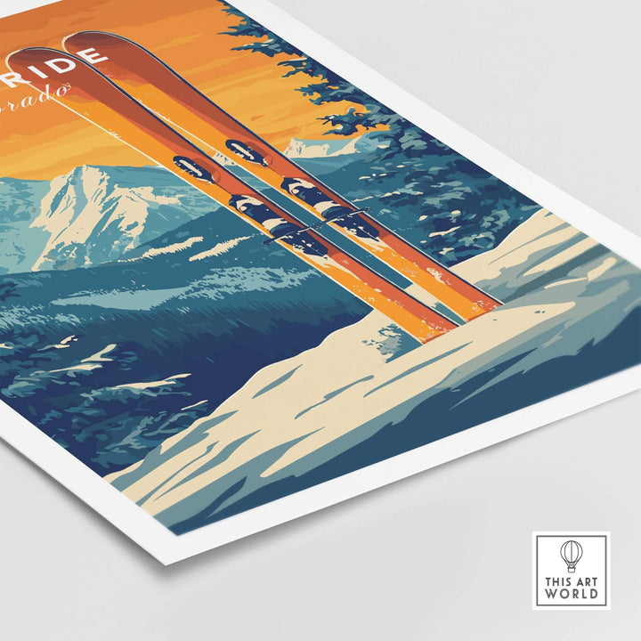 Telluride travel poster featuring vibrant skis against a scenic mountain backdrop, capturing the beauty of Colorado's ski town.