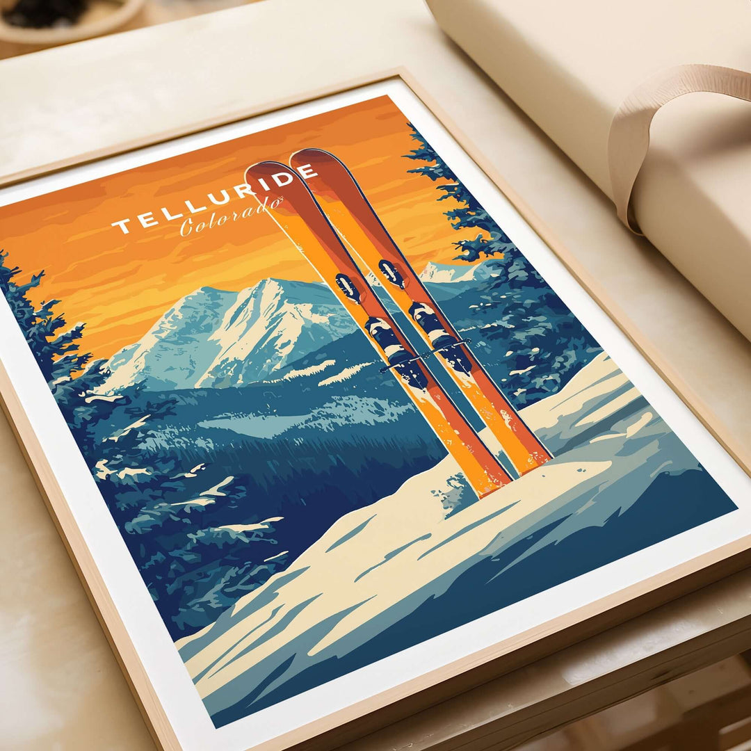 Telluride travel poster featuring vibrant ski prints and mountain landscape, perfect for home or office decor.