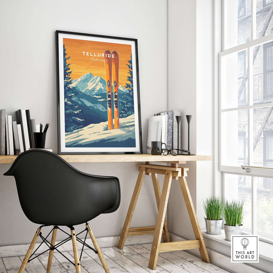 Telluride travel poster featuring vibrant ski print, displayed in a modern home office setting with stylish decor.