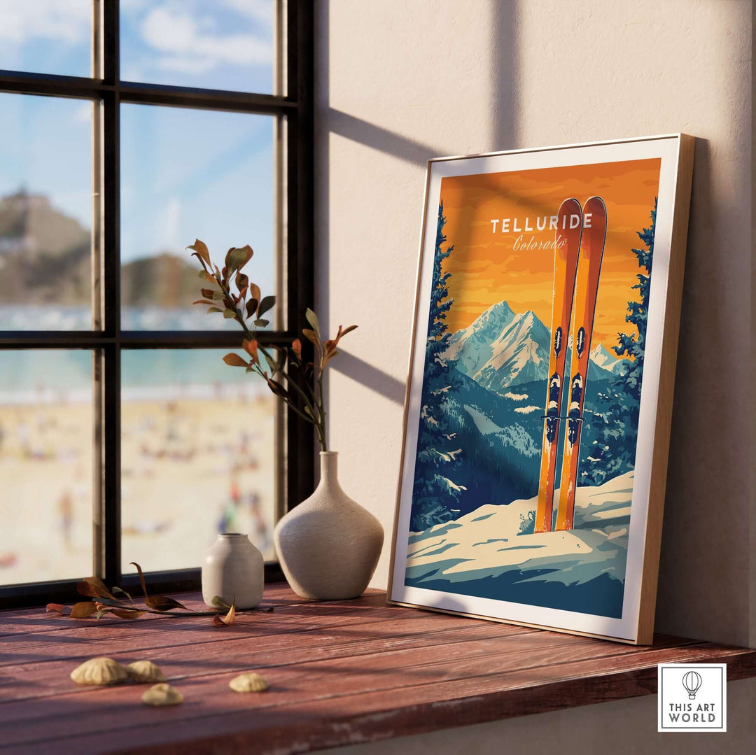 Telluride travel poster showcasing vibrant ski print and mountains, perfect for home or office decor.