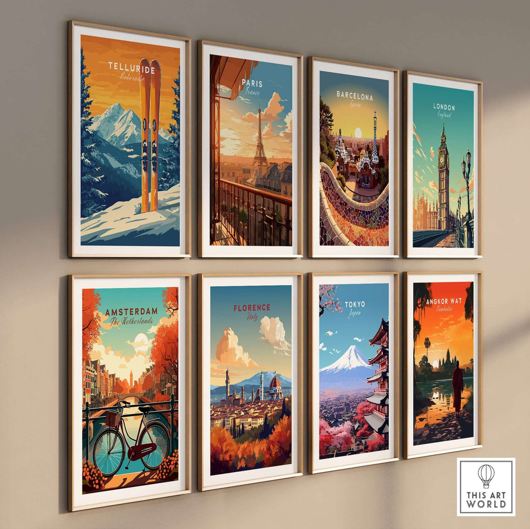 Collage of travel posters featuring Telluride, Paris, Barcelona, London, Amsterdam, Florence, Tokyo, and Angkor Wat.