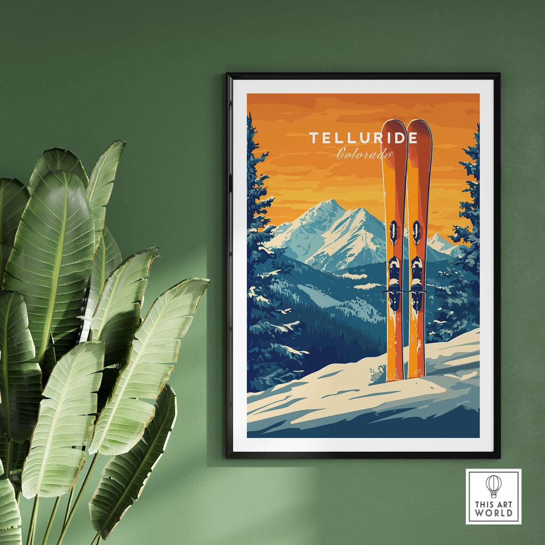 Telluride Travel Poster featuring vibrant ski prints and mountain scenery against a green wall, perfect for home decor.