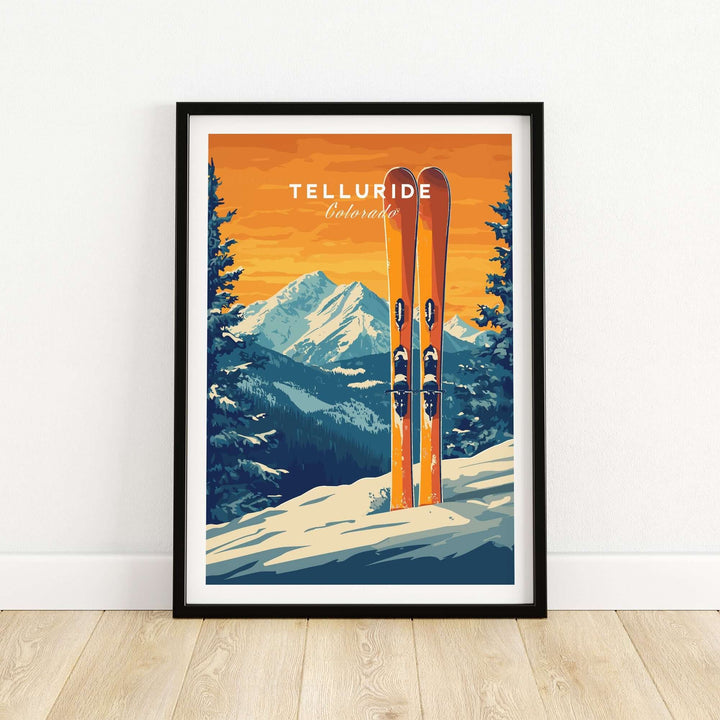 Telluride travel poster featuring vibrant ski prints and mountain scenery in Colorado, perfect for home or office decor.