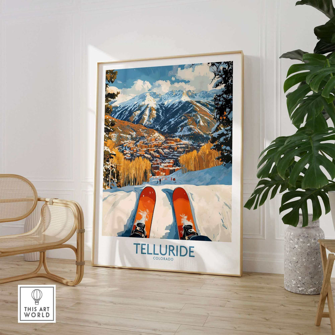 Telluride wall art ski poster featuring a scenic mountain view with skis, perfect for ski enthusiasts and home decor.