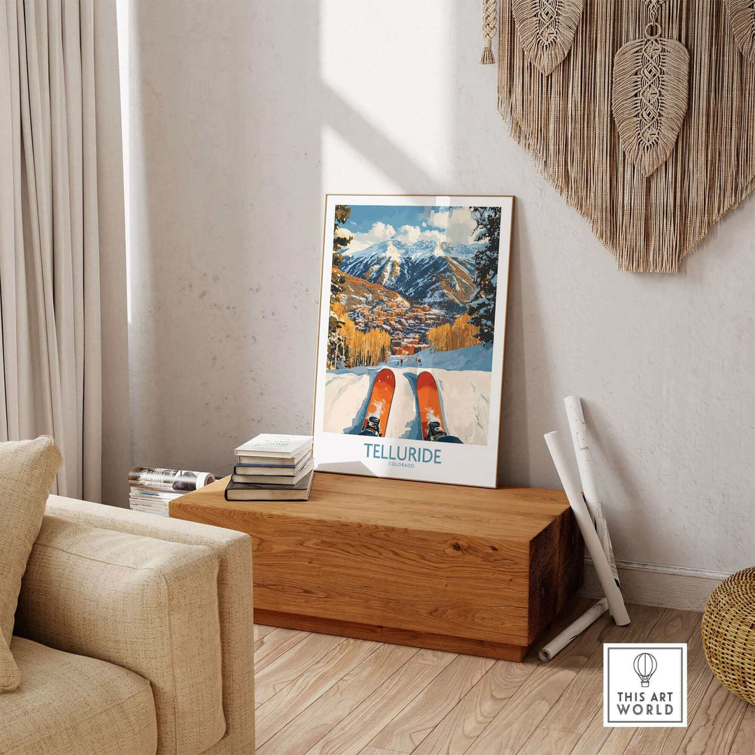 Vintage Telluride Wall Art Ski Poster showcasing a mountain landscape, displayed in a cozy living room setting.