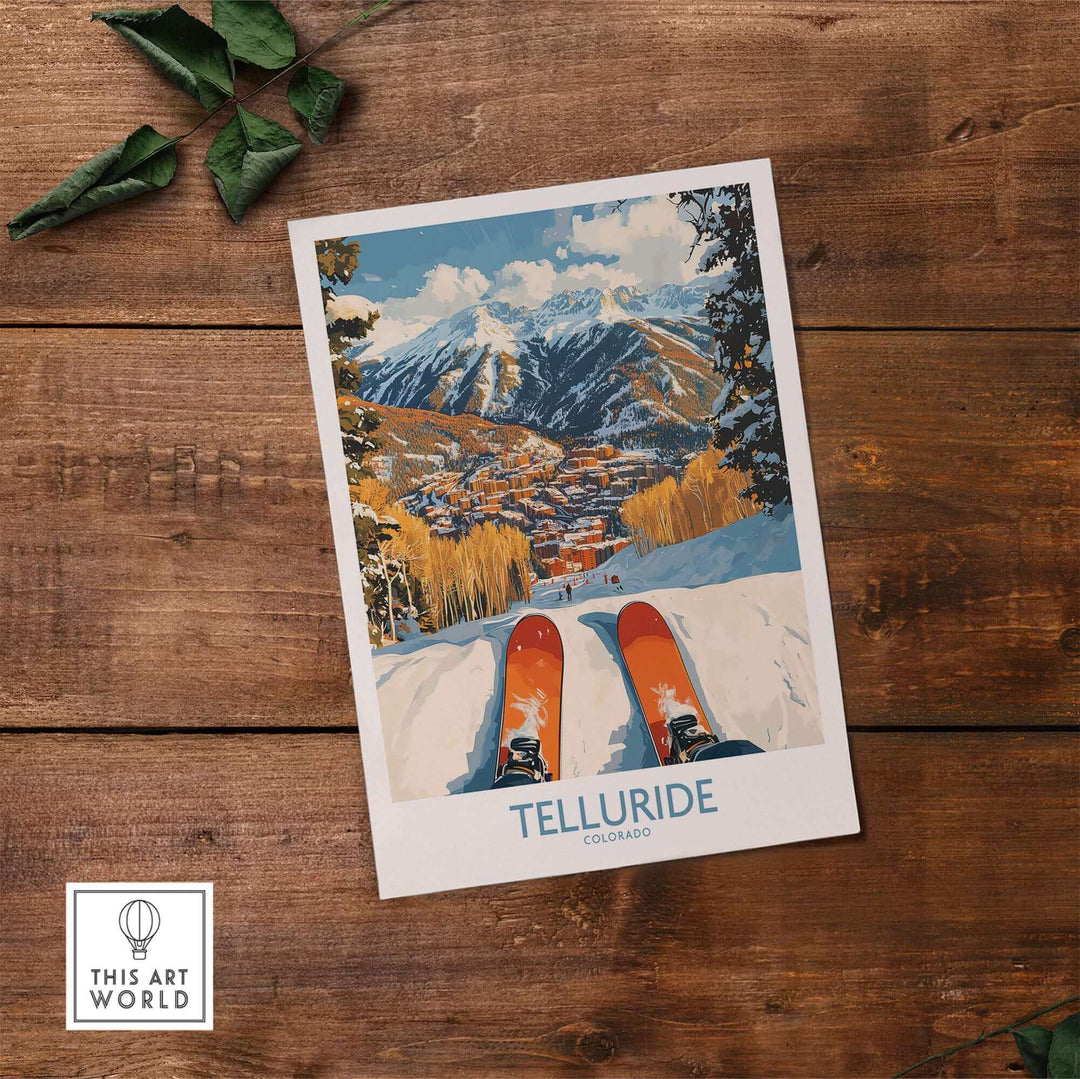 Vintage Telluride Ski Poster with snowy mountain view, showcasing a vibrant Colorado landscape in retro wall art style.