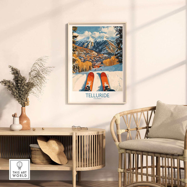 Telluride Wall Art Ski Poster featuring scenic mountain view, perfect for enhancing ski-themed decor.