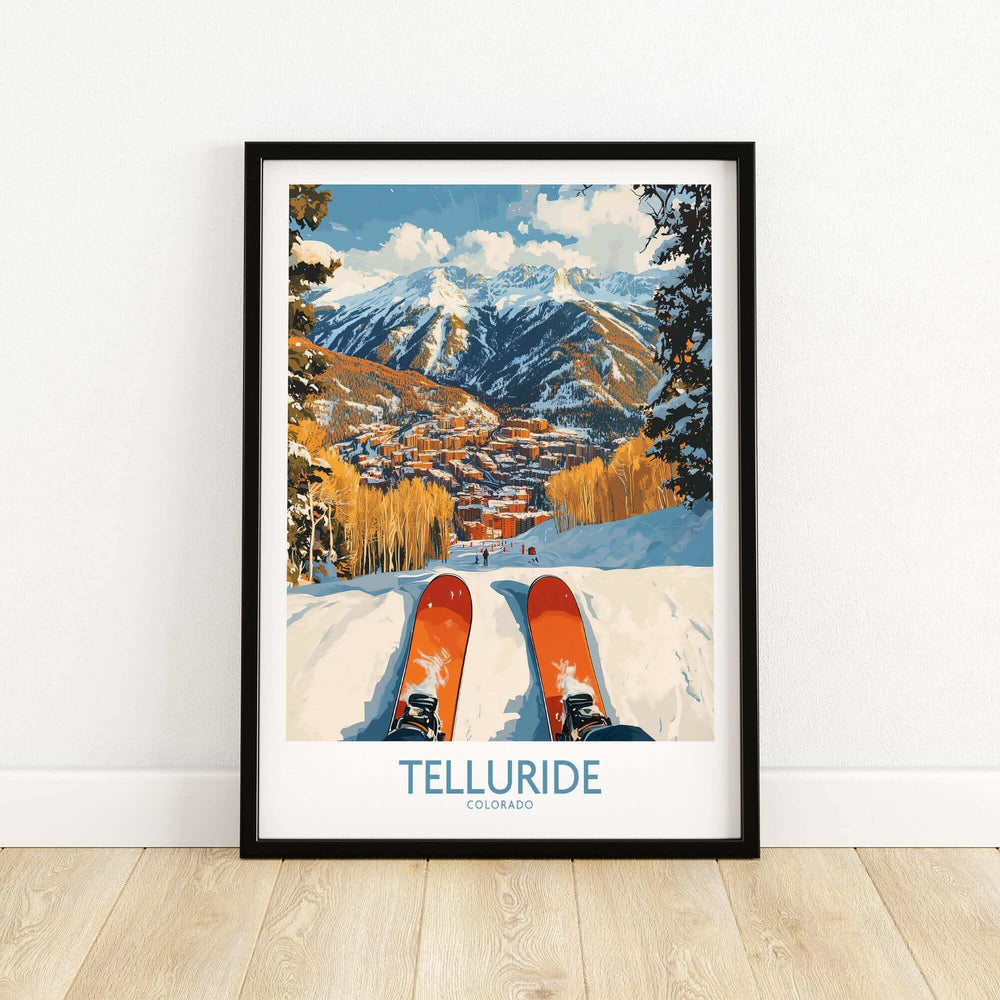 Telluride Wall Art Ski Poster featuring scenic mountain view with skis in foreground, perfect decor for ski enthusiasts.