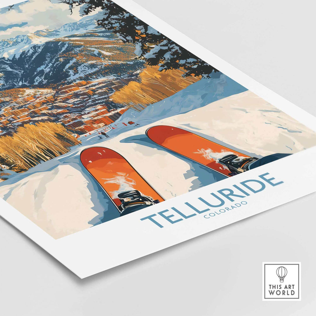 Telluride Colorado Ski Poster featuring vibrant ski scene and mountain view, perfect wall art for ski enthusiasts.