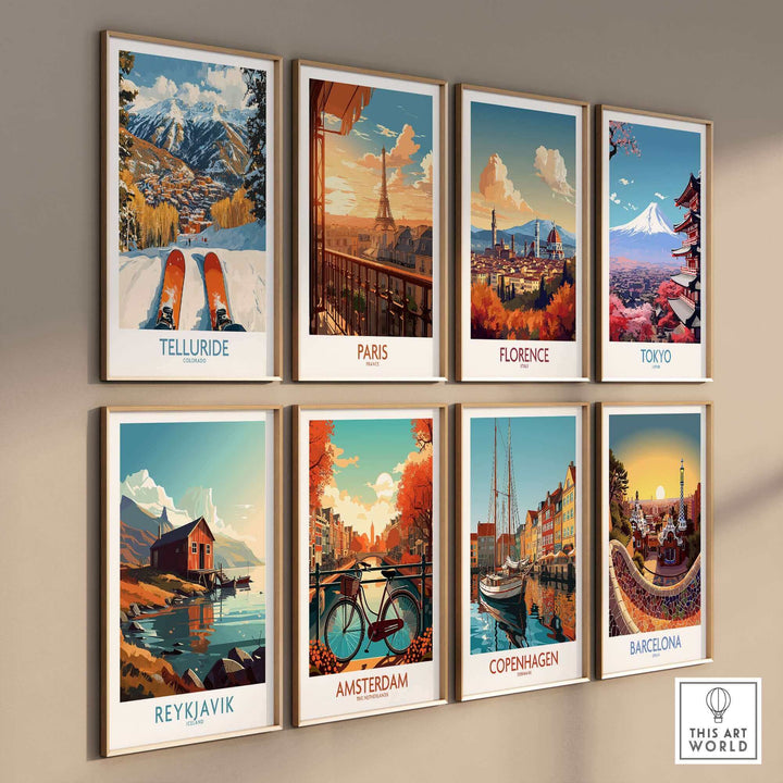 Wall displaying vibrant travel posters including a Telluride ski poster, Paris, Florence, Tokyo, Reykjavik, Amsterdam, Copenhagen, and Barcelona.