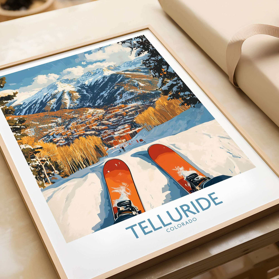 Telluride wall art ski poster showcasing a winter mountain scene with skis, perfect for ski enthusiasts and home decor.