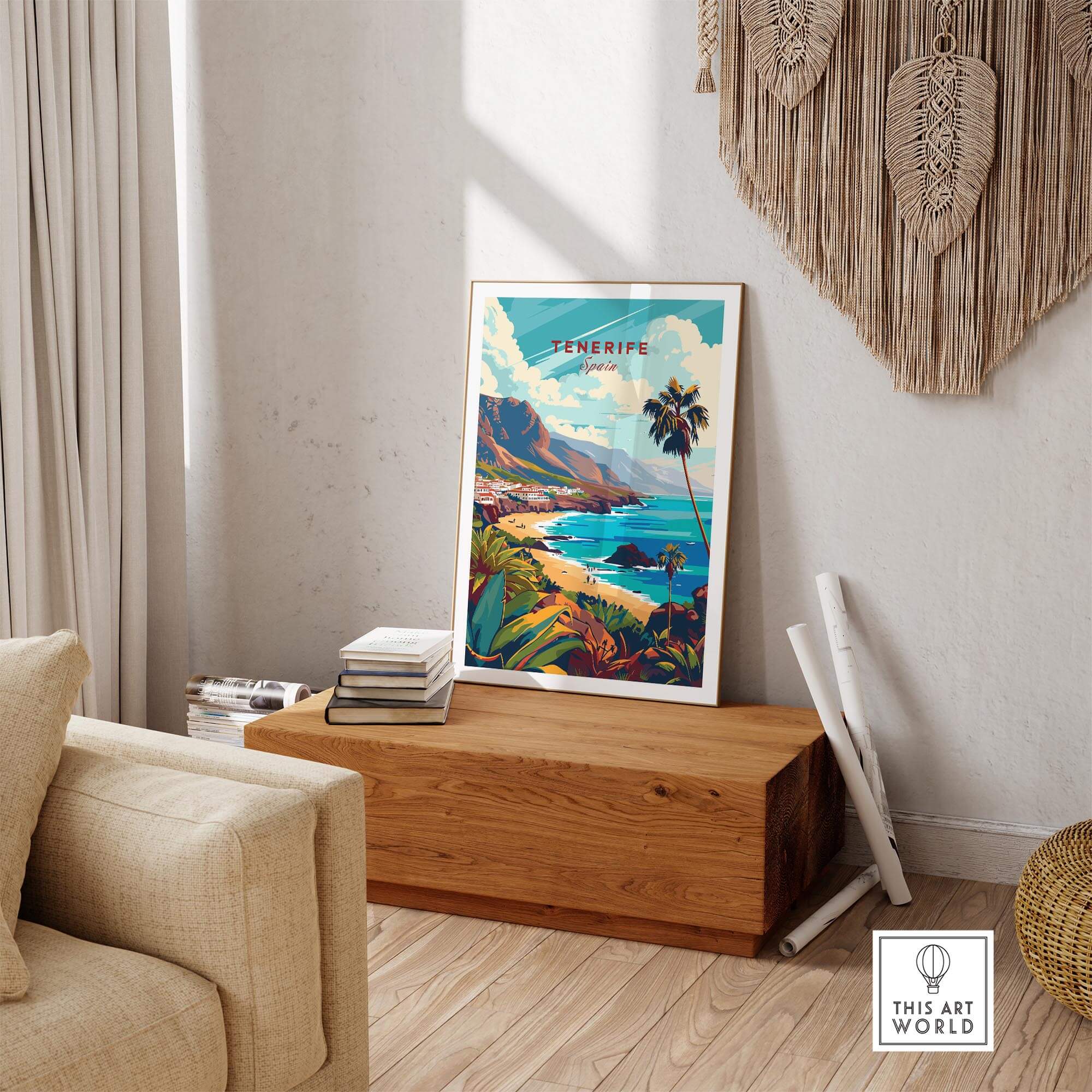 Tenerife - Canary Islands Art Print displayed in a cozy living room, showcasing vibrant colors and stunning scenery.