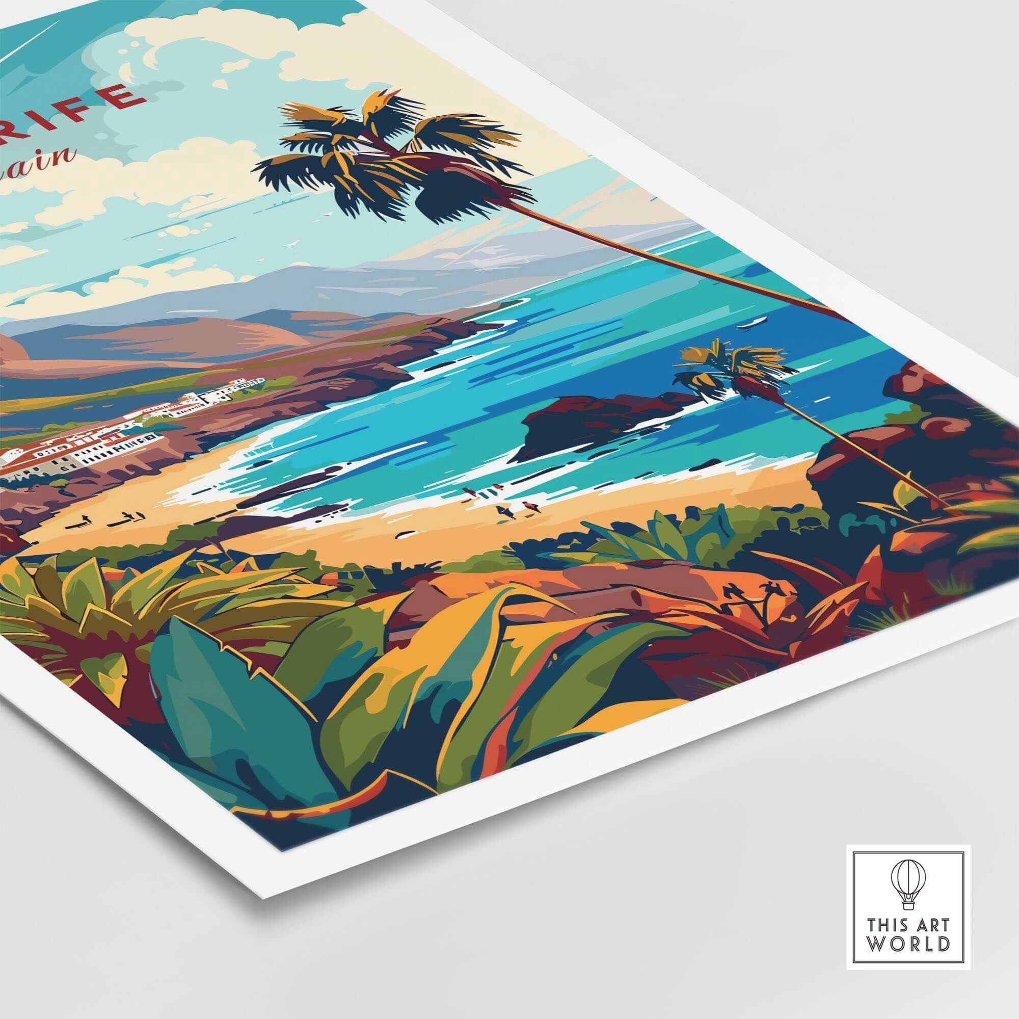 Tenerife - Canary Islands Art Print showcasing vibrant scenery of Spain with lush palms and stunning ocean views.