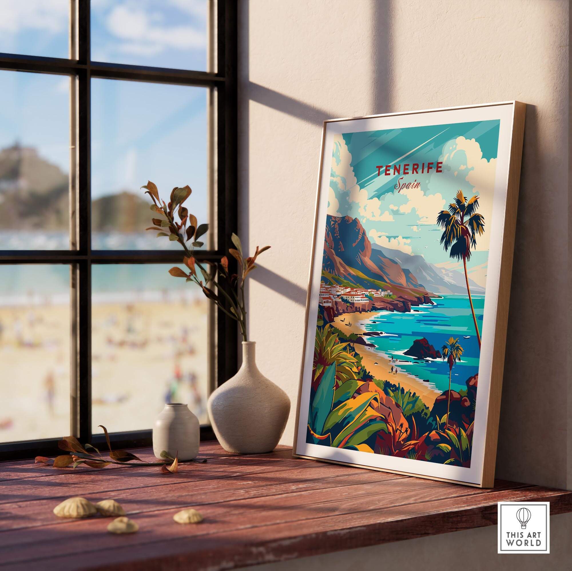 Tenerife - Canary Islands Art Print showcasing vibrant scenery and palm trees by a window.