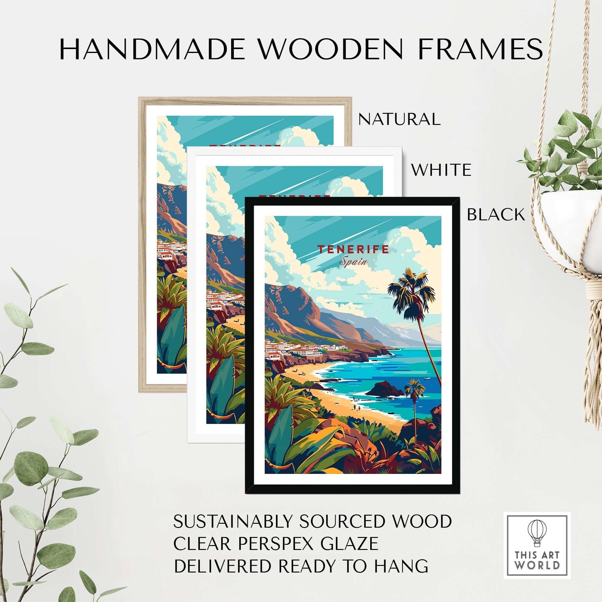 Tenerife - Canary Islands Art Print displayed in handmade wooden frames in natural, white, and black finishes.