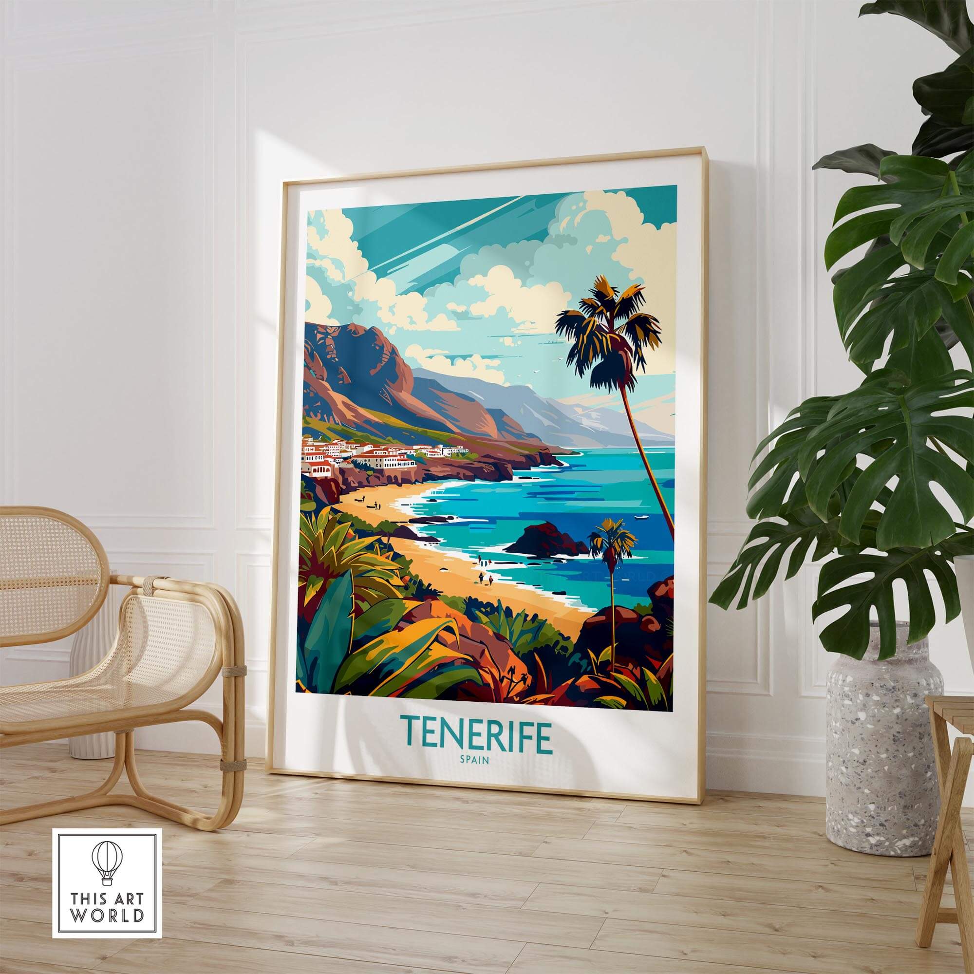 Tenerife - Canary Islands Poster displayed in a stylish room with a beach view and tropical plants.