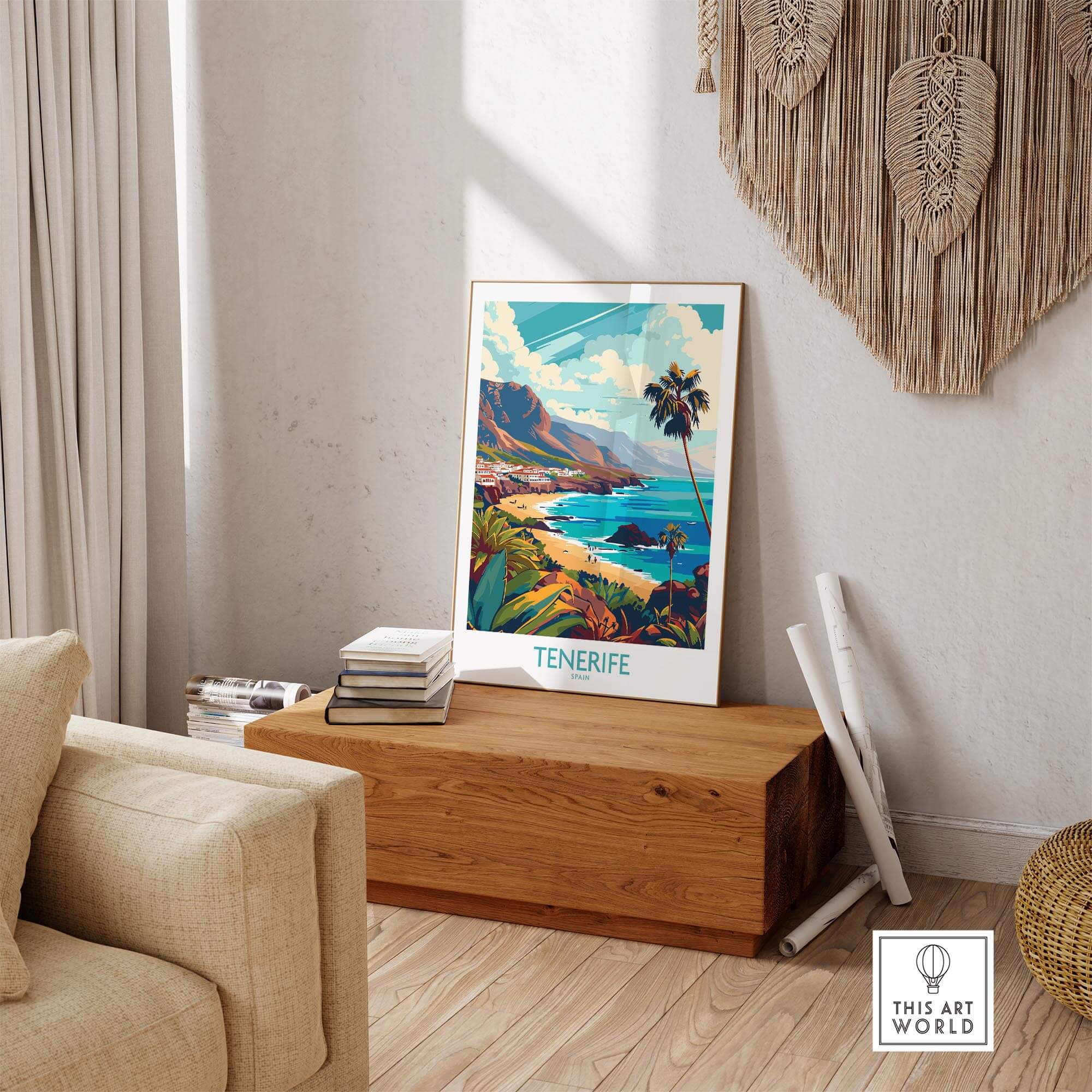Tenerife - Canary Islands Poster displayed in a cozy living room setting with beautiful coastal scenery.