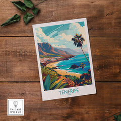 Tenerife - Canary Islands Poster showcasing a tropical beach view with palm trees and mountains.