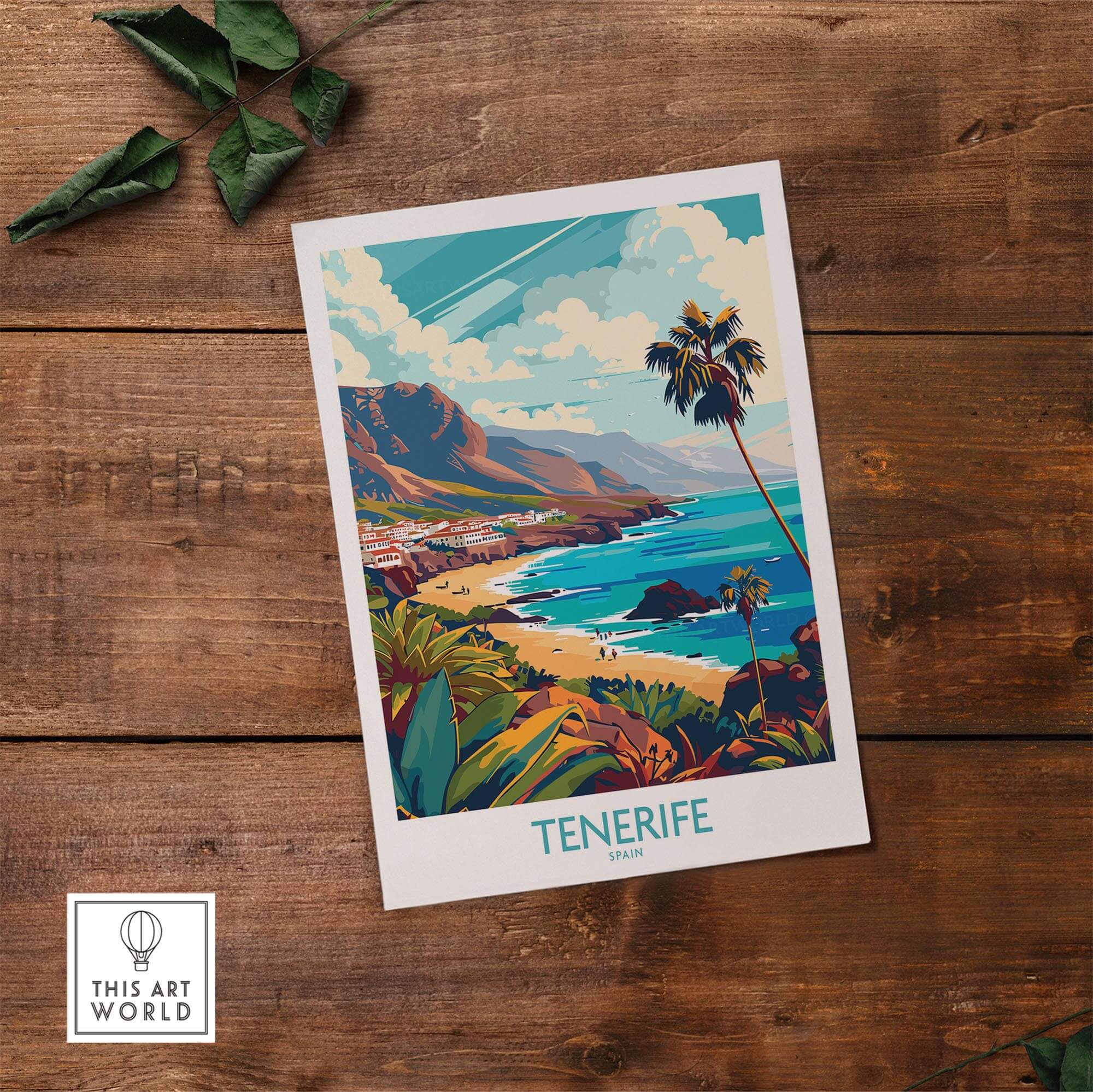 Tenerife - Canary Islands Poster showcasing a tropical beach view with palm trees and mountains.