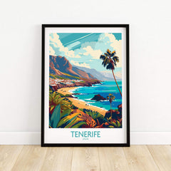 Tenerife - Canary Islands Poster showcasing a vibrant beach scene with mountains and palm trees in a framed design.