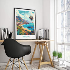 Tenerife - Canary Islands Poster showcased in a stylish home office setting with beach and mountain views.