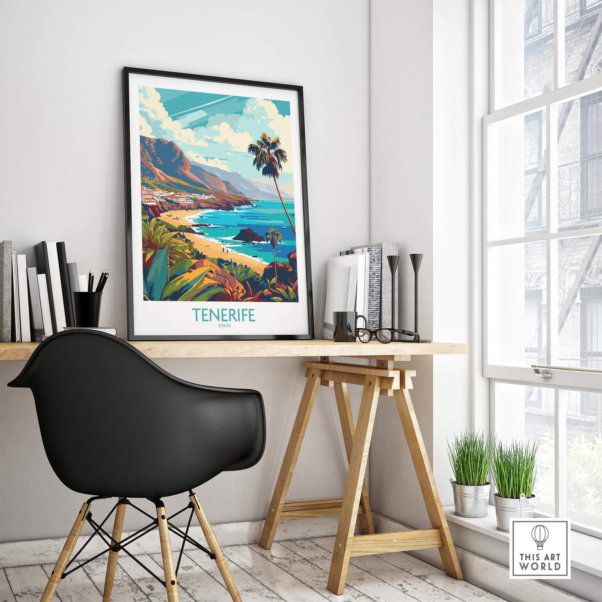 Tenerife - Canary Islands Poster showcased in a stylish home office setting with beach and mountain views.