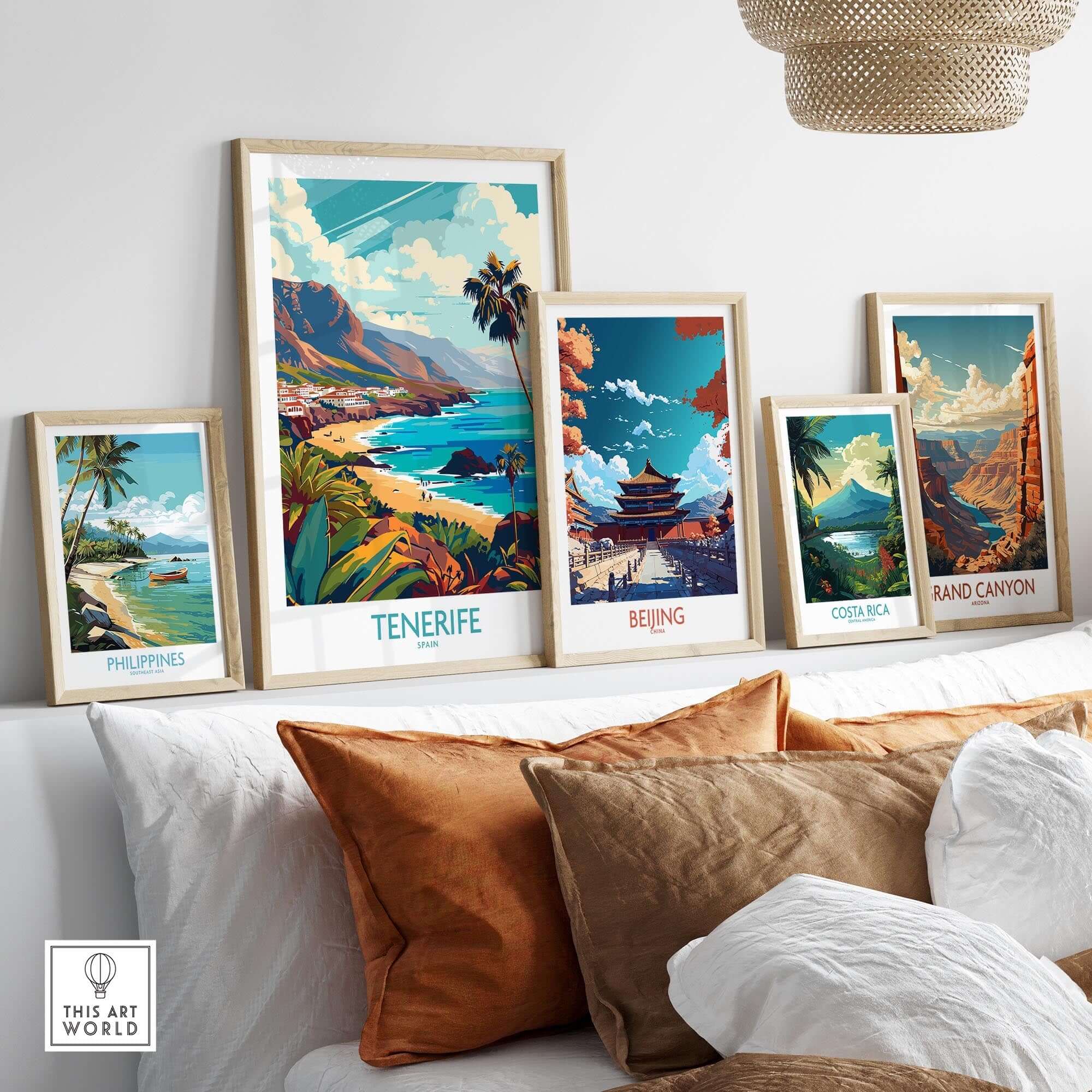 Tenerife - Canary Islands Poster displayed among other travel prints on a stylish shelf in a cozy living room.