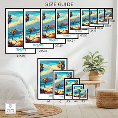 Size guide for Tenerife Poster - Canary Islands showcasing various print dimensions and tropical scenery.