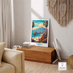 Tenerife Poster - Canary Islands displayed in a cozy living room setting with palm trees and mountains.